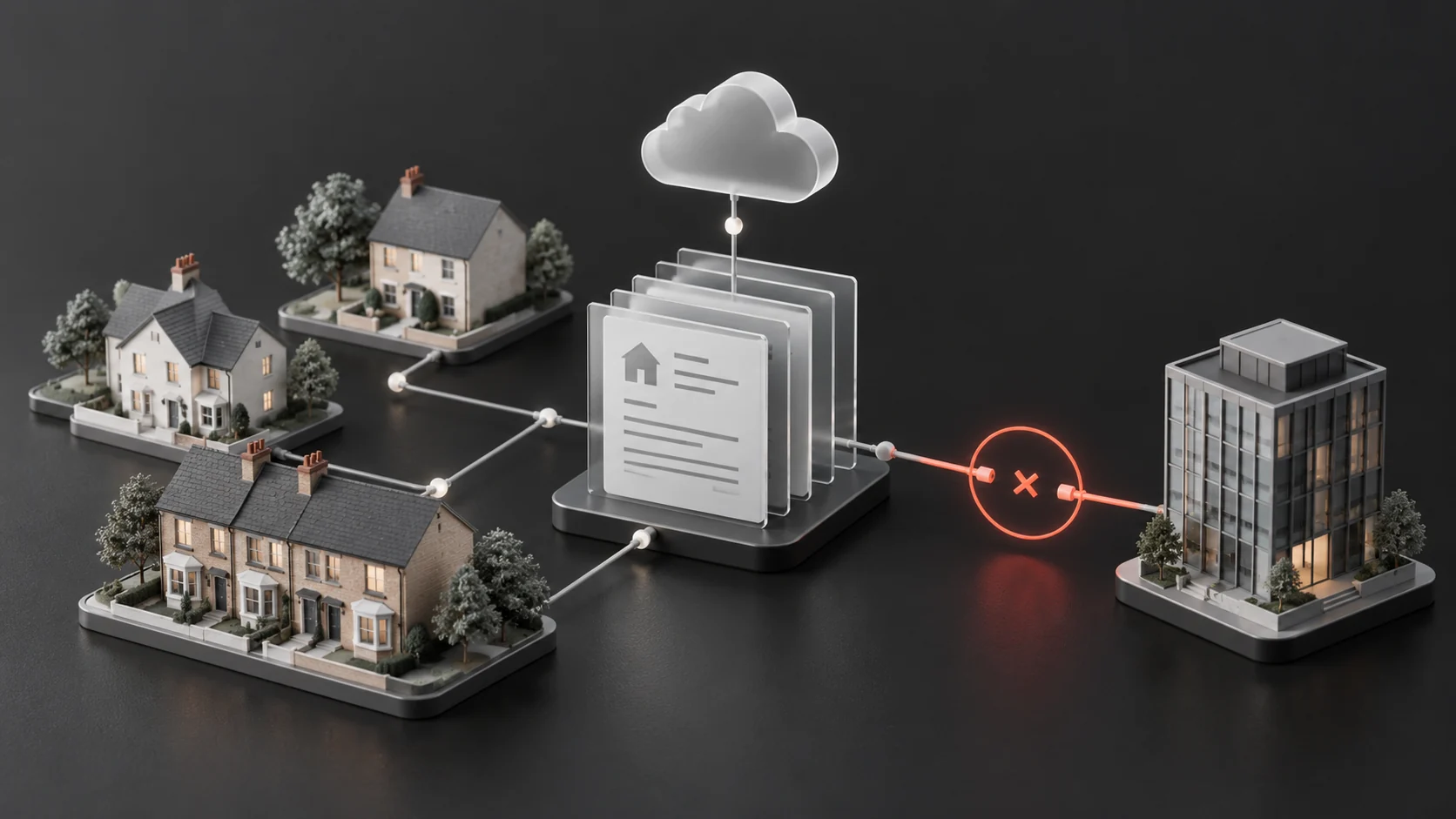 Conceptual illustration of homes, digital case records and a disrupted supplier connection.